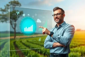 Analista de marketing agro olhando para tela digital com gráficos e ícones agrícolas, representação da inovação.