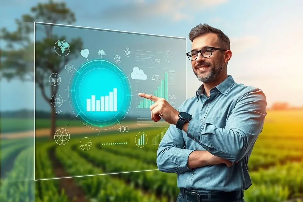 Analista de marketing agro olhando para tela digital com gráficos e ícones agrícolas, representação da inovação.