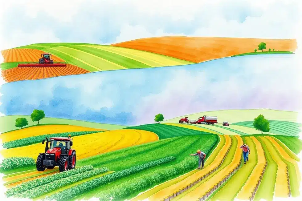 Aquarela vibrante representando a paisagem agrícola, simbolizando marketing no setor agro.