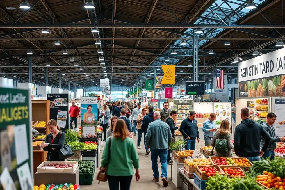 Feira de comércio agrícola com profissionais de marketing mostrando campanhas.