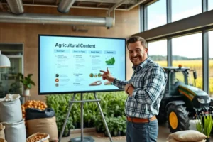 Gestor em escritório moderno apresentando planejamento de marketing para o setor agro.