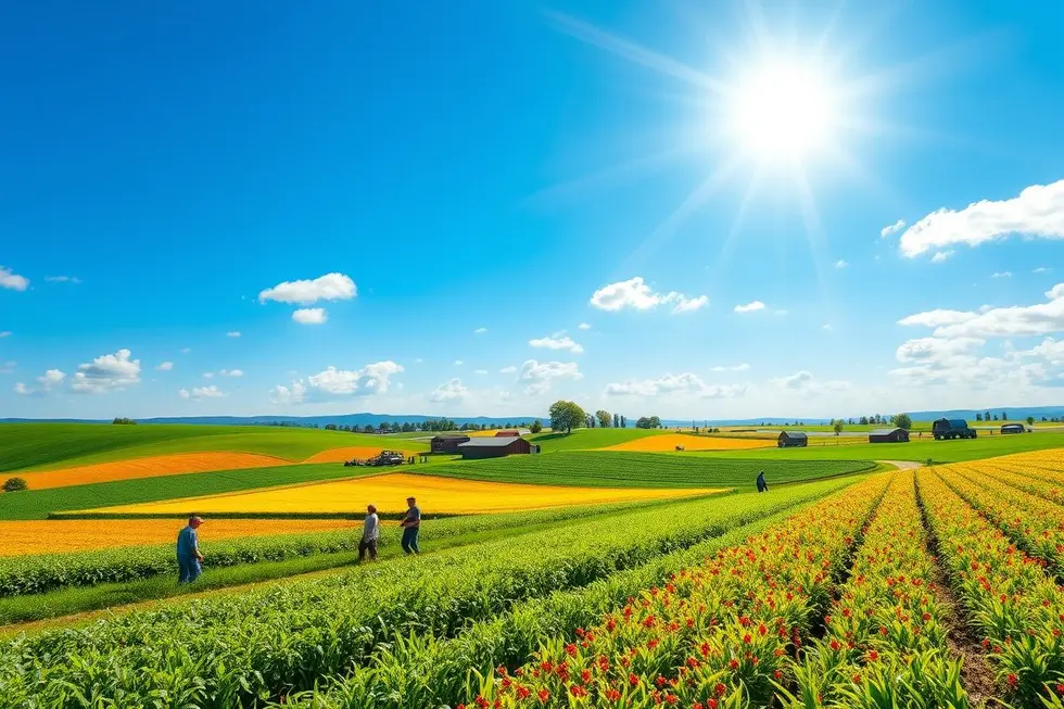 Lindas paisagens rurais com agricultores colaborando no setor agrícola.