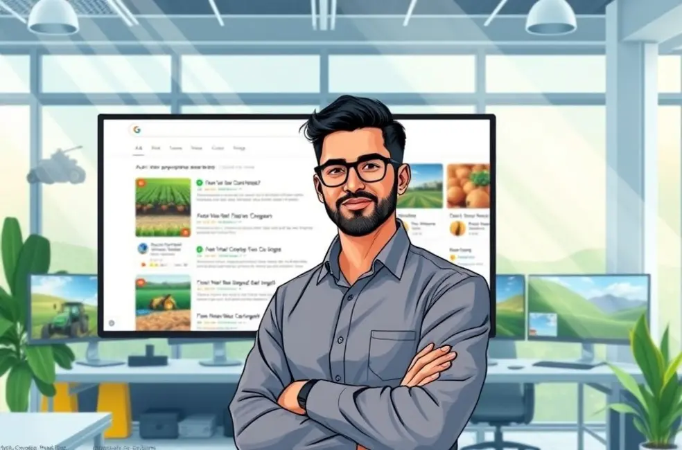 Capa ilustrativa com profissionais do agro consultando AI Mode em tablet no campo