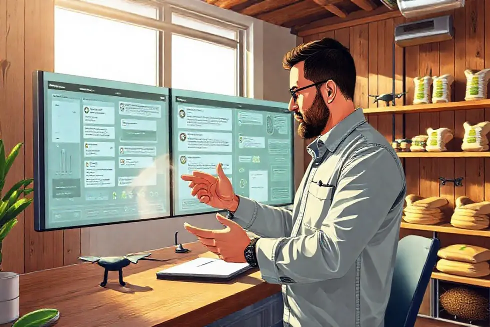 Ilustração de gerente de marketing em ambiente rural com tablet mostrando DMs organizadas no Instagram
