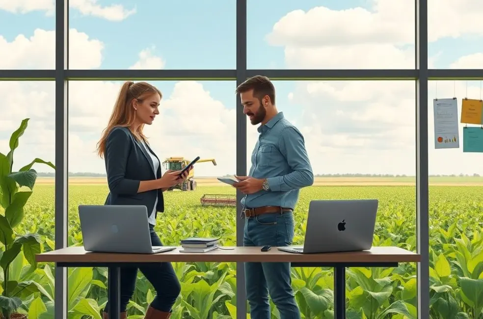 Profissional de marketing no campo com tablet exibindo insights de campanha, representando estratégias antifrágil.
