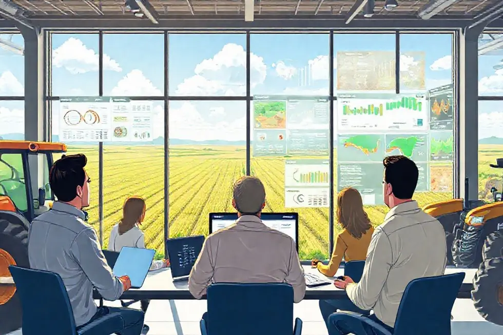 Ilustração mostrando equipe do agro equilibrando vendas, logística e suporte para crescimento controlado.