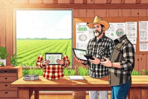 Profissional de marketing exibindo checklist em tablet em sala com elementos agrícolas ao fundo.