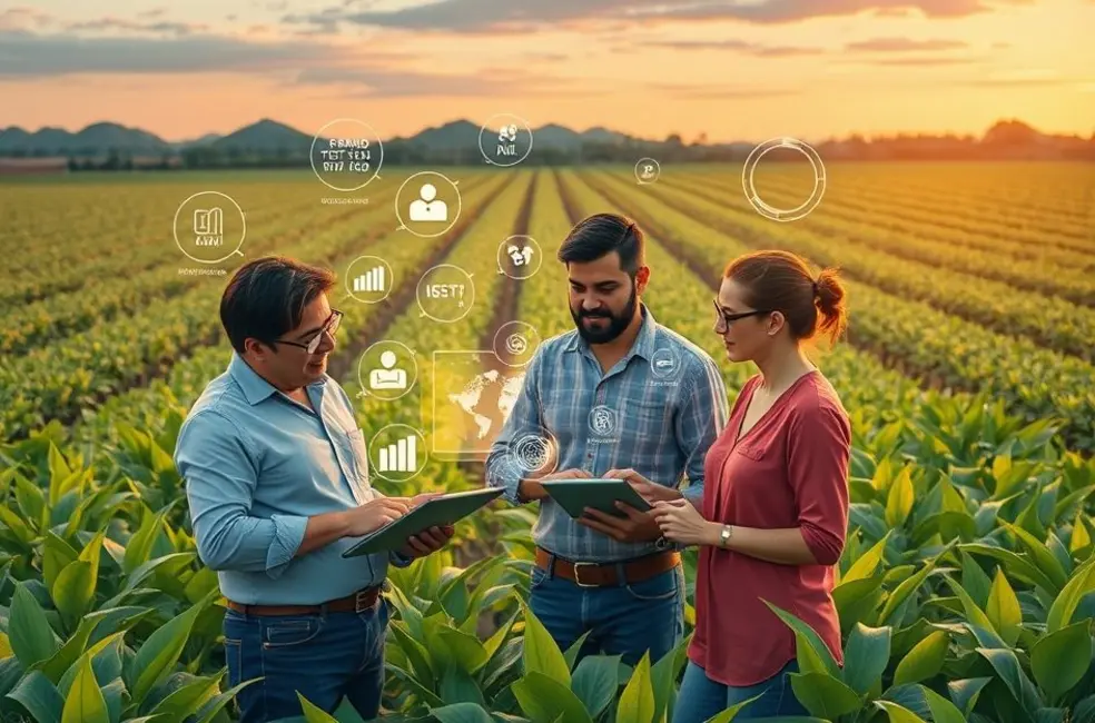 Ilustração de equipe de marketing do agro analisando provas de campo e materiais de campanha em uma mesa rústica.