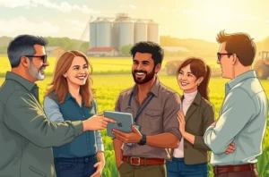 Equipe de agromarketing celebrando e colaborando em um escritório com elementos rurais, transmitindo apoio e reconhecimento.