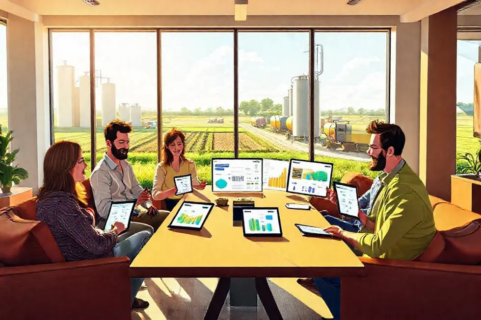 Ilustração de equipe de marketing do agro revisando painel de vendas com calma antes do fechamento.