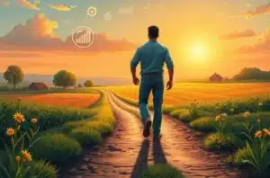 Pessoa com caderno olhando para campos cultivados ao amanhecer, representando inspiração para agir.