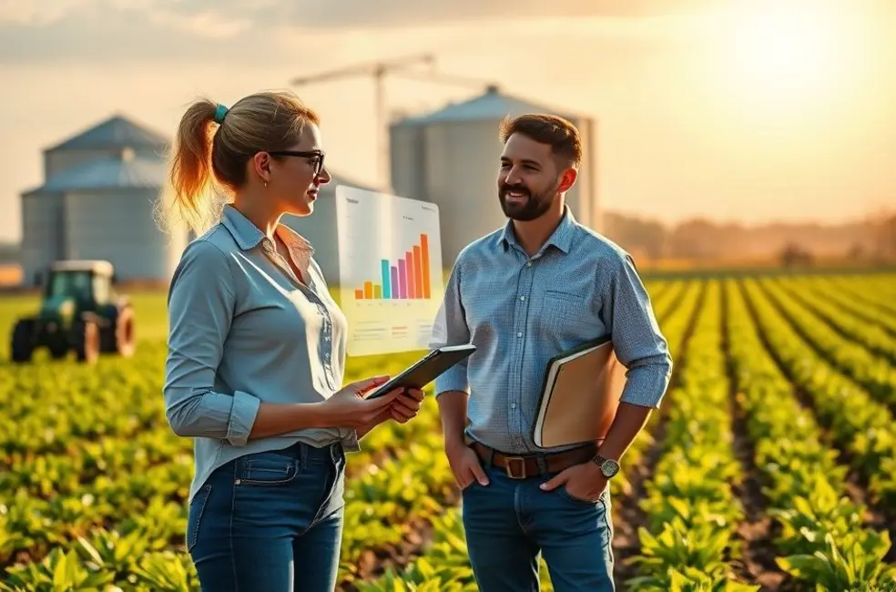 Ilustração de profissionais de marketing agro apresentando resultados a produtores próximos ao campo.