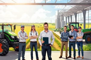 Ilustração de produtor mostrando smartphone em reunião de campo, simbolizando identidade e pertencimento no agro.