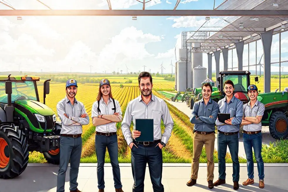 Ilustração de produtor mostrando smartphone em reunião de campo, simbolizando identidade e pertencimento no agro.