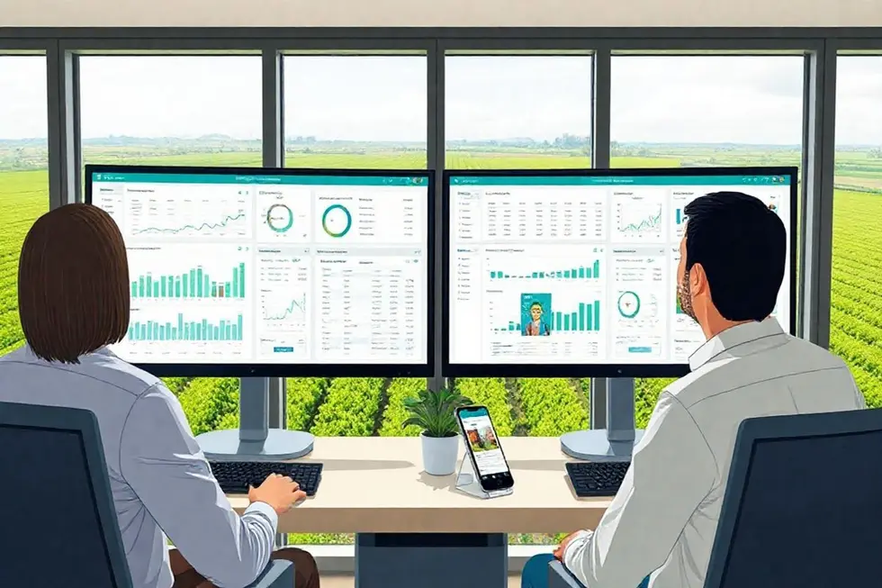 Ilustração de gestor de marketing analisando fatura da Meta com detalhamento de impostos e gráficos de desempenho