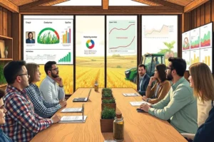 Profissionais do agro saindo de uma sala de imersão com expressão confiante e visão estratégica