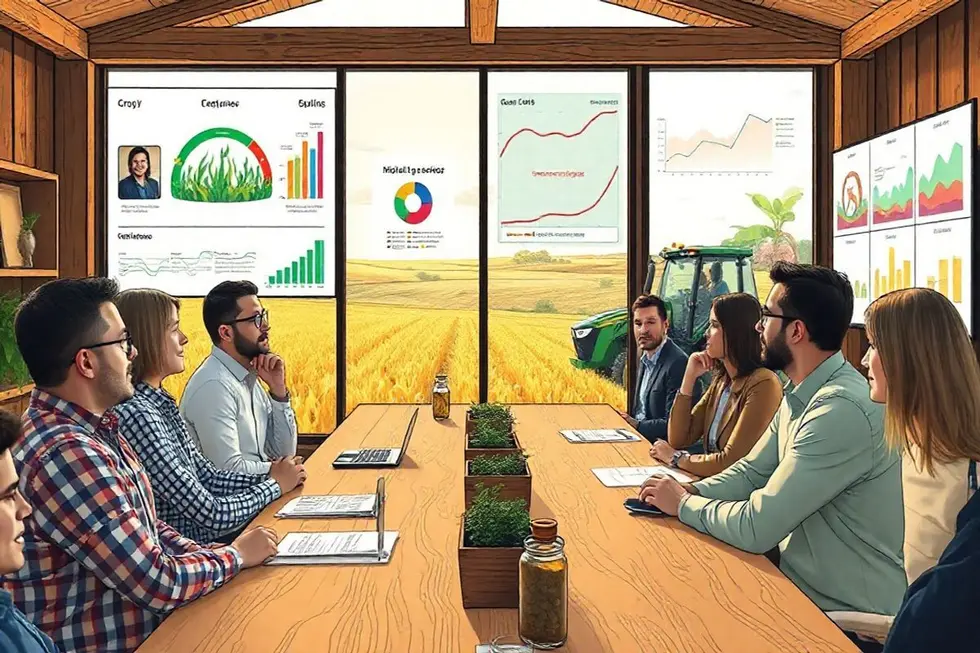 Profissionais do agro saindo de uma sala de imersão com expressão confiante e visão estratégica