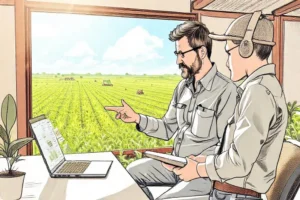 Ilustração de líder mentor orientando profissional de marketing com paisagem agrícola ao fundo.