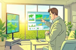 Ilustração de torre de transmissão integrada a um silo e painéis digitais sobre um campo ao pôr do sol.