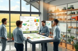 Ilustração de equipe do setor agro planejando a Máquina de Vendas em uma sala com vista para campos.