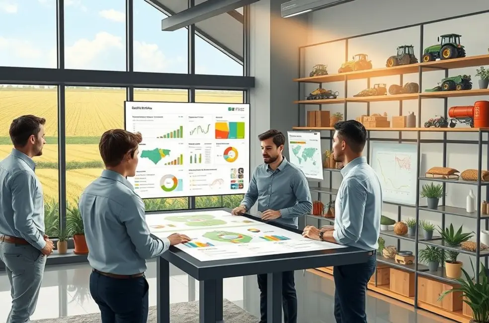 Ilustração de equipe do setor agro planejando a Máquina de Vendas em uma sala com vista para campos.