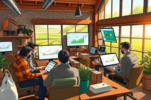 Ilustração de gestores do setor agro alinhando um funil de vendas em reunião com vista para a área rural.