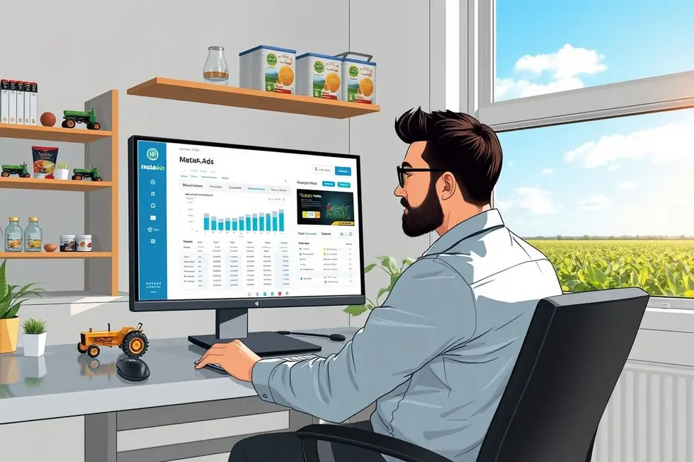 Ilustração de analista agro examinando Segmentos de Público do Meta Ads em laptop com paisagem rural ao fundo