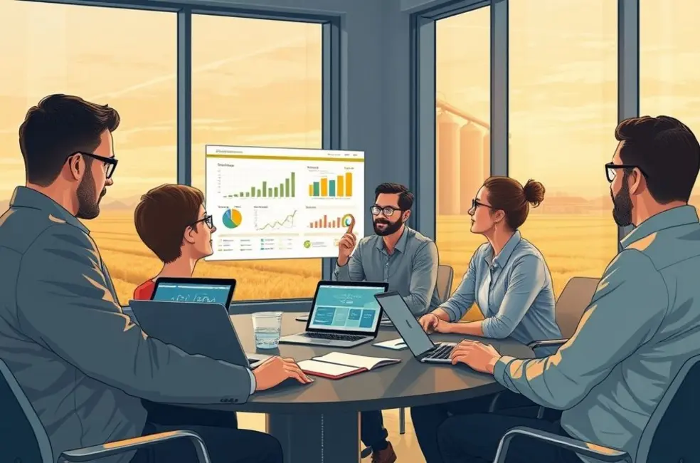 Ilustração de equipe de agromarketing em escritório rural com gráficos e amostras de campo