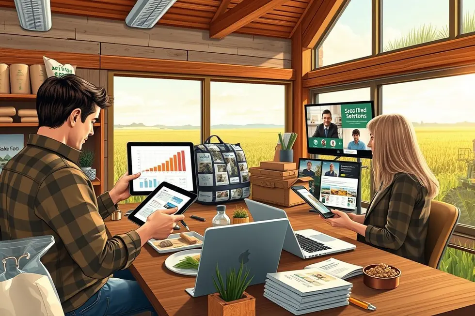 Ilustração de profissional de marketing agro olhando métricas e funil de conversão em tablet dentro de escritório com elementos agrícolas.