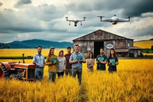 Mesa com artefatos agrícolas centenários e um tablet mostrando dados, representando tradição e marketing moderno.