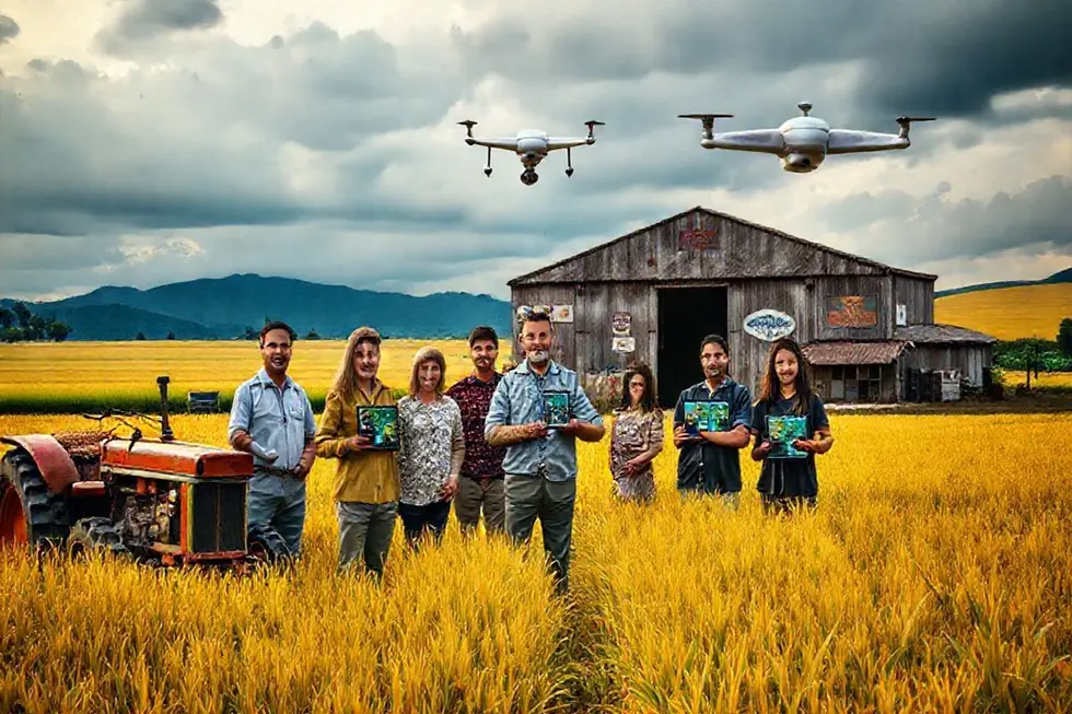 Mesa com artefatos agrícolas centenários e um tablet mostrando dados, representando tradição e marketing moderno.