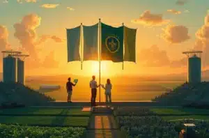 Ilustração das quatro famílias (Vitória, Excelência, Soberana, Invictus) reunidas em ambiente rural planejando campanhas e analisando painéis.