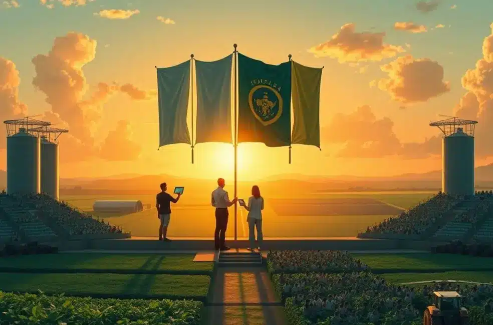 Ilustração das quatro famílias (Vitória, Excelência, Soberana, Invictus) reunidas em ambiente rural planejando campanhas e analisando painéis.