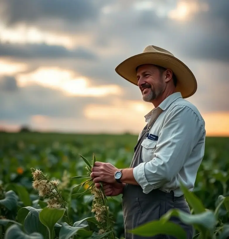Profissional de marketing segurando foto de produtor e anotações de campanha em escritório com elementos agrícolas ao fundo.