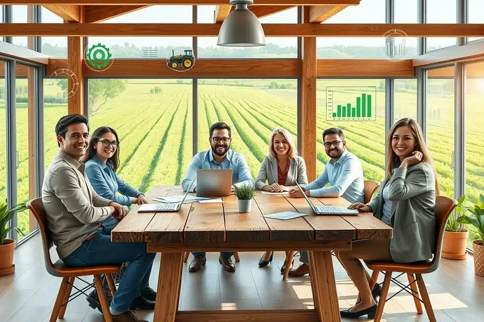Ilustração de gerente de marketing agro apontando para um quadro estratégico digital, com campos ao fundo.