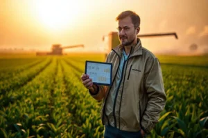 Ilustração de profissional de marketing agro revisando painel com gráficos e calendário frente a paisagem rural