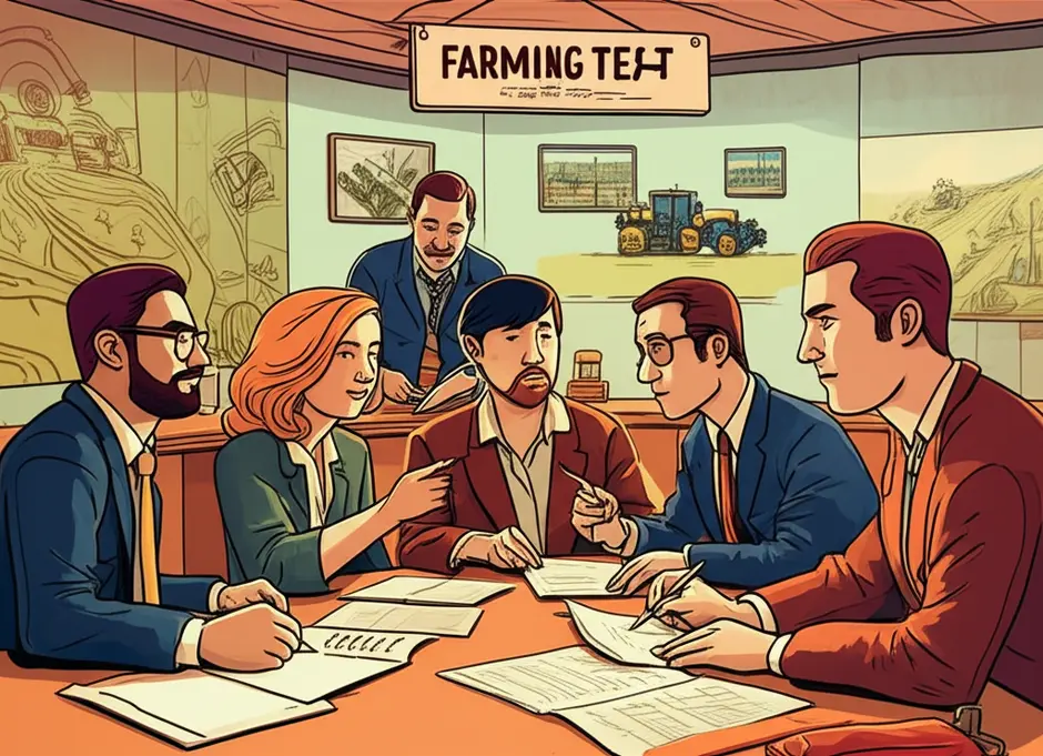 Ilustração de equipe de agromarketing reunida em torno de um playbook com gráficos e amostras, celebrando um teste de campo bem-sucedido.