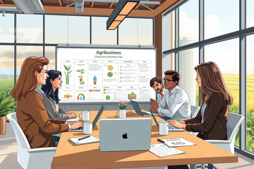 Ilustração de profissionais de marketing agro celebrando o anúncio de um workshop com vista para áreas agrícolas