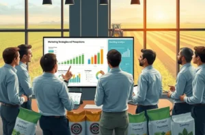 Ilustração de equipe de marketing agro em sessão estratégica sobre posicionamento de marca.