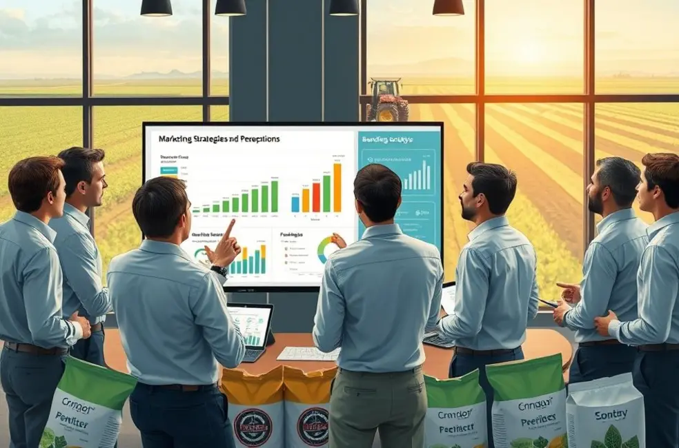 Ilustração de equipe de marketing agro em sessão estratégica sobre posicionamento de marca.