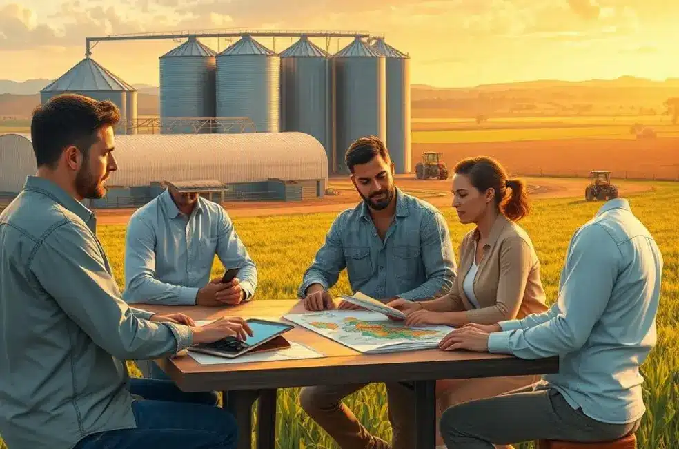 Ilustração de profissionais de marketing agro revisando diagramas dos 9 frameworks sobre uma mesa com mapas e amostras.