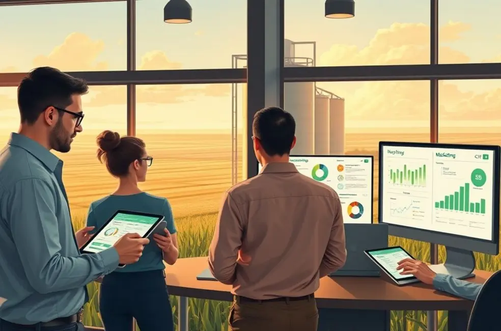 Gestor de marketing agro com tablet mostrando KPIs e mapa de campanha ao lado de trator ao amanhecer