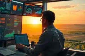 Gestor analisando resultados de IA em escritório com vista para a fazenda
