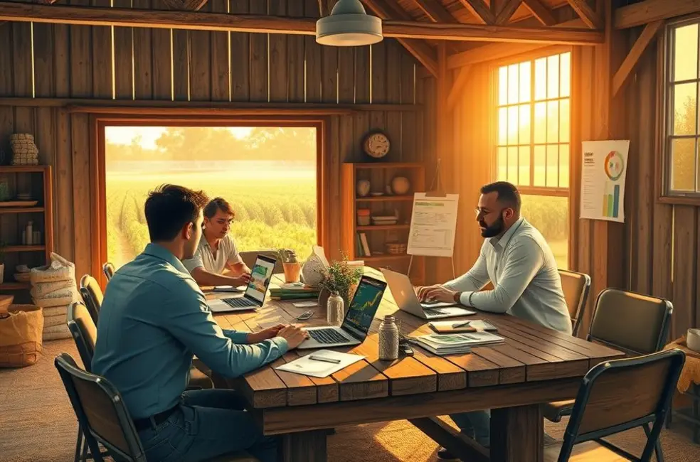 Ilustração de equipe de marketing agro em escritório rural com tela mostrando KPIs e lembrete do evento Amanhã 10/10 às 10am.