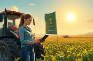 Ilustração de dois profissionais do agro unindo elementos de marca e análise sobre um campo ao amanhecer.