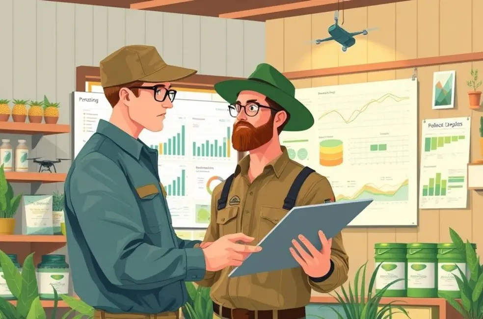 Ilustração de um painel infográfico com barras representando índices de canais de aquisição para o setor agro.