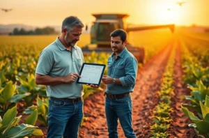 Ilustração de um executivo em veículo de serviço conversando com agricultor ao lado de maquinário e silos, representando imersão operacional no agro.