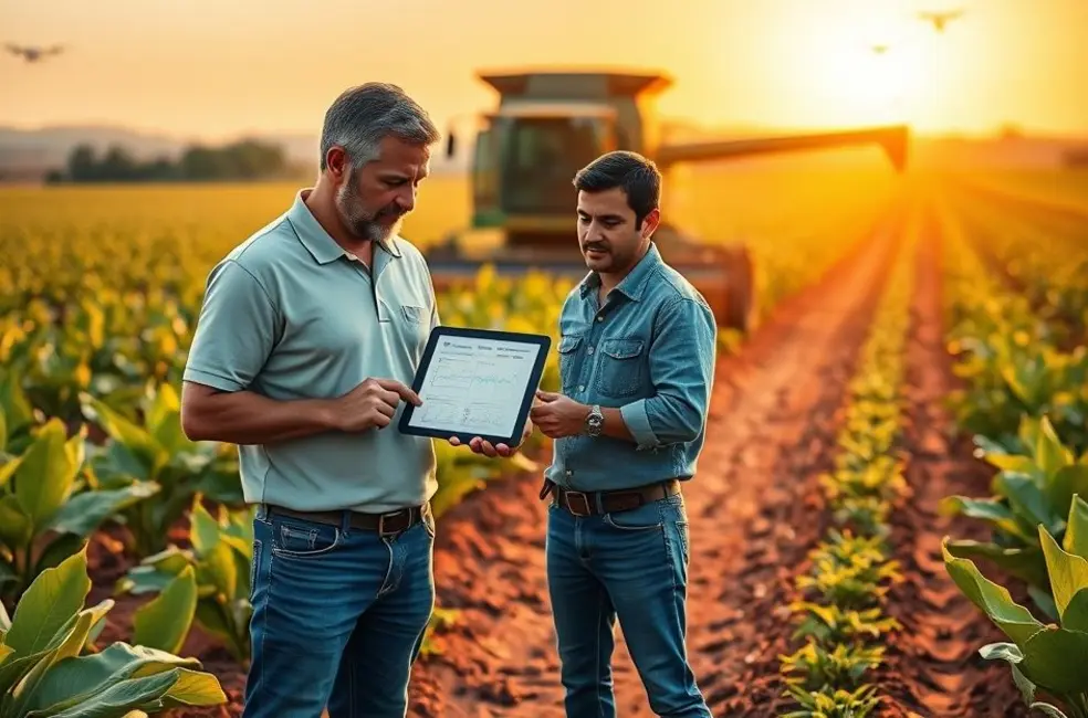 Ilustração de um executivo em veículo de serviço conversando com agricultor ao lado de maquinário e silos, representando imersão operacional no agro.