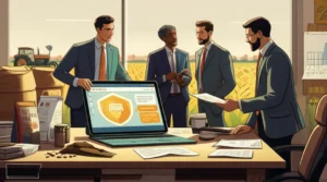 Ilustração de profissionais de marketing agrícola reunidos com um tablet mostrando ícones de privacidade e interface de IA, com fazenda ao fundo.