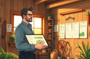 Gestor de marketing do agro com tablet mostrando calendário de conteúdo e visão estratégica.